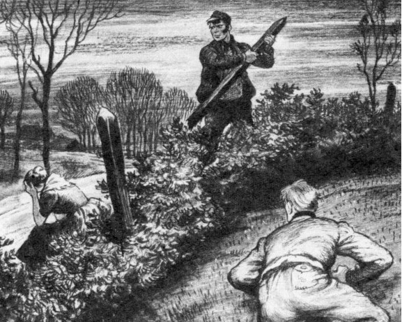 print of tom otter preparing to kill mary kirkham with a hedge-stake